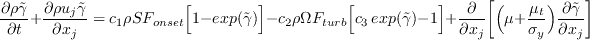\frac{\partial \rho \tilde{\gamma}}{\partial t} + \frac{\partial \rho u_j \tilde{\gamma}}{\partial x_j} = c_1 \rho S F_{onset} \Big[1-{{exp}} (\tilde{\gamma})\Big] - c_2 \rho \Omega F_{turb} \Big[c_3 \, {{exp}} (\tilde{\gamma}) - 1 \Big] + \frac{\partial}{\partial x_j} \bigg[\Big(\mu + \frac{\mu_t}{\sigma_y}\Big) \frac{\partial \tilde{\gamma}}{\partial x_j}\bigg]