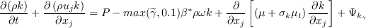 \frac{\partial(\rho k)}{\partial t}+\frac{\partial\left(\rho u_{j} k\right)}{\partial x_{j}}=P-\text{max}(\widetilde{\gamma},0.1)\beta^{*} \rho \omega k+\frac{\partial}{\partial x_{j}}\left[\left(\mu+\sigma_{k} \mu_{t}\right) \frac{\partial k}{\partial x_{j}}\right] + \Psi_{k_\gamma} 