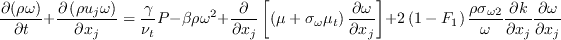 \frac{\partial(\rho \omega)}{\partial t}+\frac{\partial\left(\rho u_{j} \omega\right)}{\partial x_{j}}=\frac{\gamma}{\nu_{t}} P-\beta \rho \omega^{2}+\frac{\partial}{\partial x_{j}}\left[\left(\mu+\sigma_{\omega} \mu_{t}\right) \frac{\partial \omega}{\partial x_{j}}\right]+2\left(1-F_{1}\right) \frac{\rho \sigma_{\omega 2}}{\omega} \frac{\partial k}{\partial x_{j}} \frac{\partial \omega}{\partial x_{j}}