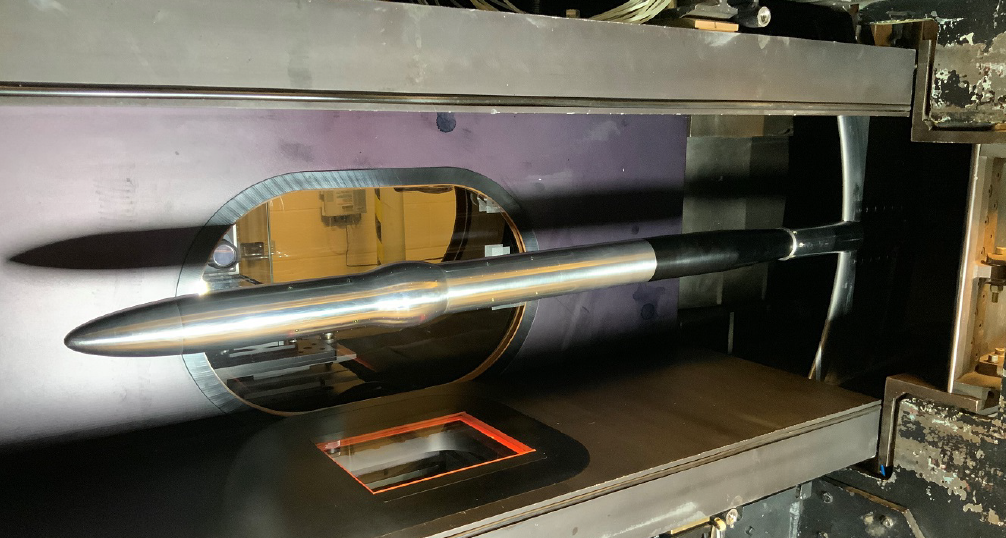 Photo 1 of the axisymmetric transonic hump model installed into Sandia’s Trisonic Wind Tunnel