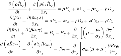 \begin{gathered}
\frac{\partial\left(\bar{\boldsymbol{\rho}}\hat{R}_{ij}\right)}{\partial t}+\frac{\partial\left(\bar{\boldsymbol{\rho}}\hat{u}_k\hat{R}_{ij}\right)}{\partial x_k}=\bar{\boldsymbol{\rho}}P_{ij}+\bar{\boldsymbol{\rho}}\Pi_{ij}-\bar{\boldsymbol{\rho}}\varepsilon_{ij}+\bar{\boldsymbol{\rho}}D_{ij} \\
\frac{\partial(\bar{\rho}\lambda)}{\partial t}+\frac{\partial(\bar{\rho}\hat{u}_k\lambda)}{\partial x_k}=\bar{\rho}P_\lambda-\bar{\rho}\varepsilon_\lambda+\bar{\rho}D_\lambda+\bar{\rho}C_{D\lambda}+\bar{\rho}G_\lambda \\
\frac{\partial(\bar{\boldsymbol{\rho}}\boldsymbol{\gamma})}{\partial t}+\frac{\partial(\bar{\boldsymbol{\rho}}\hat{\boldsymbol{u}}_j\boldsymbol{\gamma})}{\partial x_j}=P_{\boldsymbol{\gamma}}-E_{\boldsymbol{\gamma}}+\frac{\partial}{\partial x_j}\left[\left(\boldsymbol{\mu}+\frac{\boldsymbol{\mu}_t}{\boldsymbol{\sigma}_f}\right)\frac{\partial\boldsymbol{\gamma}}{\partial x_j}\right] \\
\frac{\partial\left(\bar{\boldsymbol{\rho}}\tilde{R}e_{\boldsymbol{\theta}t}\right)}{\partial t}+\frac{\partial\left(\bar{\boldsymbol{\rho}}\hat{u}_{j}\tilde{R}e_{\boldsymbol{\theta}t}\right)}{\partial x_{j}}=P_{\boldsymbol{\theta}t}+\frac{\partial}{\partial x_{j}}\left[\boldsymbol{\sigma}_{\boldsymbol{\theta}t}\left(\boldsymbol{\mu}+\boldsymbol{\mu}_{t}\right)\frac{\partial\tilde{R}e_{\boldsymbol{\theta}t}}{\partial x_{j}}\right] 
\end{gathered}
