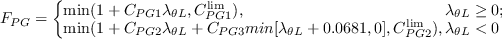
F_{PG}= \left\{
   \begin{array}{ll}
      \min (1+C_{PG1}\lambda _{\theta L},   C_{PG1}^{\lim }), & \lambda _{\theta L}\ge 0; \\
      \min (1+C_{PG2}\lambda _{\theta L}+C_{PG3}min[\lambda _{\theta 
      L}+0.0681, 0],   C_{PG2}^{\lim }), & \lambda _{\theta L}<0
    \end{array} \right.