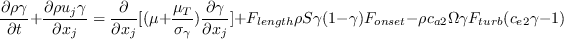 \frac{\partial \rho \gamma }{\partial t}+\frac{\partial \rho
u_{j}\gamma }{\partial x_{j}}=\frac{\partial }{\partial x_{j}}\lbrack
(\mu +\frac{\mu _{T}}{\sigma _{\gamma }})\frac{\partial \gamma
}{\partial x_{j}}\rbrack +F_{length}\rho S\gamma (1-\gamma
)F_{onset} \\ -\rho c_{a2}\Omega \gamma F_{turb}(c_{e2}\gamma -1)