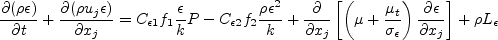 \frac{\partial (\rho \epsilon)}{\partial t} + \frac{\partial (\rho u_j \epsilon)}{\partial x_j}
  = C_{\epsilon 1} f_1 \frac{\epsilon}{k} \cal P -
  C_{\epsilon 2} f_2 \frac{\rho \epsilon^2}{k} + \frac{\partial}{\partial x_j}
  \left[ \left( \mu + \frac{\mu_t}{\sigma_{\epsilon}} \right)
  \frac{\partial \epsilon}{\partial x_j} \right] +
  \rho L_{\epsilon}