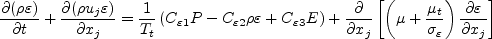 \frac{\partial (\rho \varepsilon)}{\partial t} + 
  \frac{\partial (\rho u_j \varepsilon)}{\partial x_j}
  = \frac{1}{T_t} \left( C_{\varepsilon 1} \cal P -
  C_{\varepsilon 2} \rho \varepsilon + 
  C_{\varepsilon 3} E \right) + \frac{\partial}{\partial x_j}
  \left[ \left( \mu + \frac{\mu_t}{\sigma_{\varepsilon}} \right)
  \frac{\partial \varepsilon}{\partial x_j} \right]