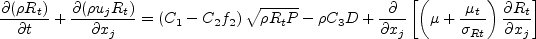 \frac{\partial (\rho R_t)}{\partial t} 
  + \frac{\partial (\rho u_j R_t)}{\partial x_j}
  = \left( C_1 - C_2f_2 \right) \sqrt{\rho R_t \cal P}
  -\rho C_3 D + \frac{\partial}{\partial x_j}
  \left[ \left( \mu + \frac{\mu_t}{\sigma_{Rt}} \right)
  \frac{\partial R_t}{\partial x_j} \right]