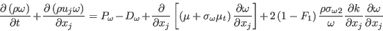  \frac{\partial \left( \rho \omega \right)}{\partial t} + \frac{\partial \left( \rho u_j \omega \right)}{\partial x_j} = P_{\omega} - D_{\omega}  + \frac{\partial}{\partial x_j} \left[ \left( \mu + \sigma_{\omega} \mu_t \right) \frac{\partial \omega}{\partial x_j} \right] + 2 \left( 1 - F_1 \right) \frac{\rho \sigma_{\omega 2}}{\omega} \frac{\partial k}{\partial x_j} \frac{ \partial \omega}{\partial x_j}