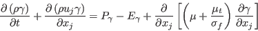  \frac{\partial \left( \rho \gamma \right)}{\partial t} + \frac{\partial \left( \rho u_j \gamma \right)}{\partial x_j} = P_\gamma - E_\gamma + \frac{\partial}{\partial x_j} \left[ \left( \mu + \frac{\mu_t}{\sigma_f} \right) \frac{\partial \gamma}{\partial x_j} \right]