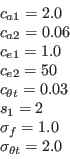 \begin{array}{l}
c_{a1} = 2.0 \\
c_{a2} = 0.06 \\
c_{e1} = 1.0 \\
c_{e2} = 50 \\
c_{\theta t} = 0.03 \\
s_1 = 2 \\
\sigma_{f} = 1.0 \\
\sigma_{\theta t} = 2.0
\end{array}