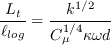\frac{{\cal L}_{t}}{\ell_{log}} = \frac{k^{1/2}}{C_{\mu}^{1/4} \kappa \omega d}