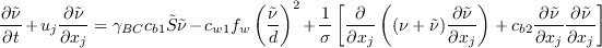 \frac{\partial \tilde{\nu}}{\partial t}+ u_j \frac{\partial \tilde{\nu}}{\partial x_j} = \boldmath{\gamma_{BC}} c_{b1} \tilde{S} \tilde{\nu} 
- c_{w1} f_w \left(\frac{\tilde{\nu}}{d}\right)^2 
+ \frac{1}{\sigma} \left[ \frac{\partial}{\partial x_j} \left( (\nu + \tilde{\nu}) \frac{\partial \tilde{\nu}}{\partial x_j} \right) 
+ c_{b2} \frac{\partial \tilde{\nu}}{\partial x_j} \frac{\partial \tilde{\nu}}{\partial x_j} \right]
