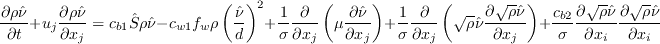 \frac{\partial \rho \tilde \nu}{\partial t} + u_j \frac{\partial \rho \tilde \nu}{\partial x_j} =
c_{b1} \hat S \rho \tilde \nu -
c_{w1}f_w\rho \left(\frac{\tilde \nu}{d} \right)^2
+ \frac{1}{\sigma} \frac{\partial}{\partial x_j}
\left(\mu \frac{\partial \tilde \nu}{\partial x_j} \right)
+ \frac{1}{\sigma} \frac{\partial}{\partial x_j}
\left( \sqrt{\rho} \tilde \nu \frac{\partial \sqrt{\rho}\tilde \nu}{\partial x_j} \right)
+ \frac{c_{b2}}{\sigma} \frac{\partial \sqrt{\rho}\tilde \nu}{\partial x_i}
\frac{\partial \sqrt{\rho}\tilde \nu}{\partial x_i}