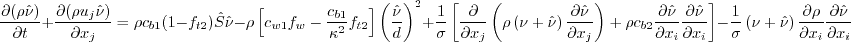 \frac{\partial (\rho \tilde \nu)}{\partial t} + \frac{\partial (\rho u_j \tilde \nu)}{\partial x_j} =
    \rho c_{b1}(1-f_{t2})\tilde S \tilde \nu -
    \rho \left[c_{w1}f_w - \frac{c_{b1}}{\kappa^2}f_{t2}\right]
    \left(\frac{\tilde \nu}{d} \right)^2
  + \frac{1}{\sigma} \left[ \frac{\partial}{\partial x_j}
    \left( \rho \left( \nu + \tilde \nu \right) \frac{\partial \tilde \nu}{\partial x_j} \right)
    + \rho c_{b2}\frac{\partial \tilde \nu}{\partial x_i} \frac{\partial \tilde \nu}{\partial x_i}
    \right] - \frac{1}{\sigma} \left( \nu + \tilde \nu \right)\frac{\partial \rho}{\partial x_i}
    \frac{\partial \tilde \nu}{\partial x_i}
