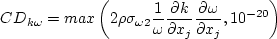 {\rm CD}_{k \omega} = {\rm max} \left(2 \rho \sigma_{\omega 2} \frac{1}{\omega}
\frac{\partial k}{\partial x_j} \frac{\partial \omega}{\partial x_j}, 10^{-20} \right)