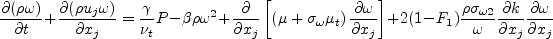 \frac{\partial (\rho \omega)}{\partial t} + \frac{\partial (\rho u_j \omega)}{\partial x_j}
  = \frac{\gamma}{\nu_t} \cal P -
  \beta \rho \omega^2 + \frac{\partial}{\partial x_j}
  \left[ \left( \mu + \sigma_{\omega} \mu_t \right)
  \frac{\partial \omega}{\partial x_j} \right] +
  2(1-F_1) \frac{\rho \sigma_{\omega 2}}{\omega} \frac{\partial k}{\partial x_j}
  \frac{\partial \omega}{\partial x_j}