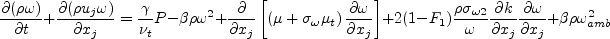 \frac{\partial (\rho \omega)}{\partial t} + \frac{\partial (\rho u_j \omega)}{\partial x_j}
  = \frac{\gamma}{\nu_t} \cal P -
  \beta \rho \omega^2 + \frac{\partial}{\partial x_j}
  \left[ \left( \mu + \sigma_{\omega} \mu_t \right)
  \frac{\partial \omega}{\partial x_j} \right] +
  2(1-F_1) \frac{\rho \sigma_{\omega 2}}{\omega} \frac{\partial k}{\partial x_j}
  \frac{\partial \omega}{\partial x_j}
  + \beta \rho \omega_{\rm amb}^2
