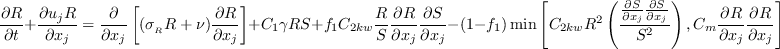\frac{\partial R}{\partial t} + \frac{\partial u_j R}{\partial x_j} = \frac{\partial}{\partial x_j} 
\left[(\sigma_{{}_R} R+\nu)\frac{\partial R}{\partial x_j}\right]+C_1\gamma RS + 
f_1 C_{2kw}\frac{R}{S}\frac{\partial R}{\partial x_j}\frac{\partial S}{\partial x_j}
-(1-f_1)\min\left[C_{2kw}R^2\left(\frac{\frac{\partial S}{\partial x_j}\frac{\partial S}{\partial x_j}}{S^2}\right), 
C_m\frac{\partial R}{\partial x_j}\frac{\partial R}{\partial x_j}\right]