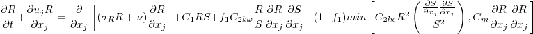 \frac{\partial R}{\partial t} + \frac{\partial u_j R}{\partial x_j}
= \frac{\partial}{\partial x_j} \left[(\sigma_R R + \nu) \frac{\partial R}{\partial x_j} \right]
+C_1RS + f_1 C_{2k\omega} \frac{R}{S} \frac{\partial R}{\partial x_j} \frac{\partial S}{\partial x_j}
-(1-f_1)\rm{min} \left[ 
C_{2k\epsilon}R^2 \left(\frac{\frac{\partial S}{\partial x_j} \frac{\partial S}{\partial x_j}}{S^2} \right),
C_m\frac{\partial R}{\partial x_j}\frac{\partial R}{\partial x_j} \right]